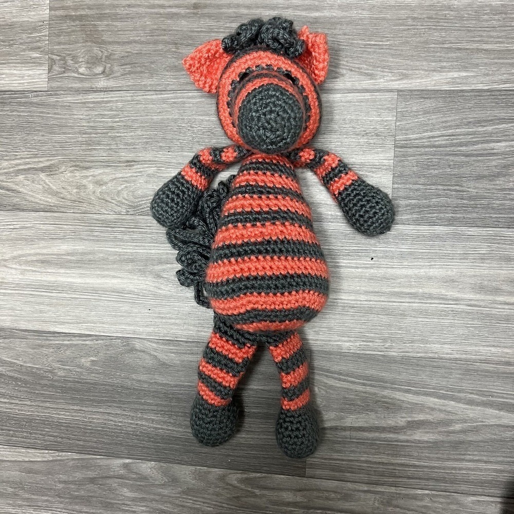Handmade Crochet Knit Lovey Plush Stuffed Animal Striped Zebra‎ Gray Neon Orange